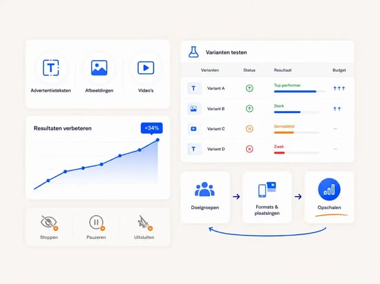 Advertentieteksten, afbeeldingen, video’s, doelgroepen, formats en plaatsingen worden structureel getest.

Slecht presterende varianten worden gestopt. Sterke combinaties krijgen meer budget en worden verder opgeschaald.