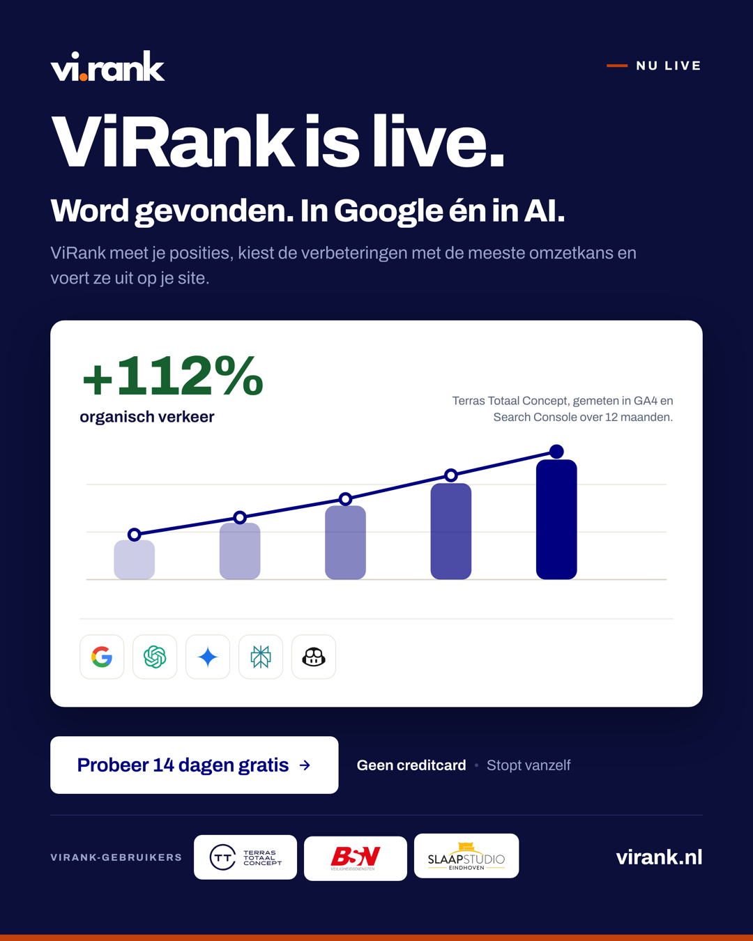 ViRank-dashboard met SEO-data, Google-posities, AI-vindbaarheid en WordPress-optimalisaties