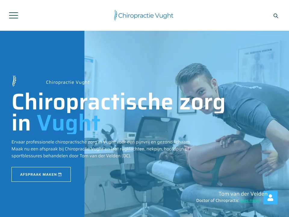 Landingspagina van chiropractievught.nl met chiropractor Tom van der Velden en de knop Afspraak maken