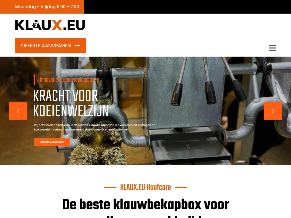 Homepage van klaux.eu met klauwbekapboxen voor melkvee