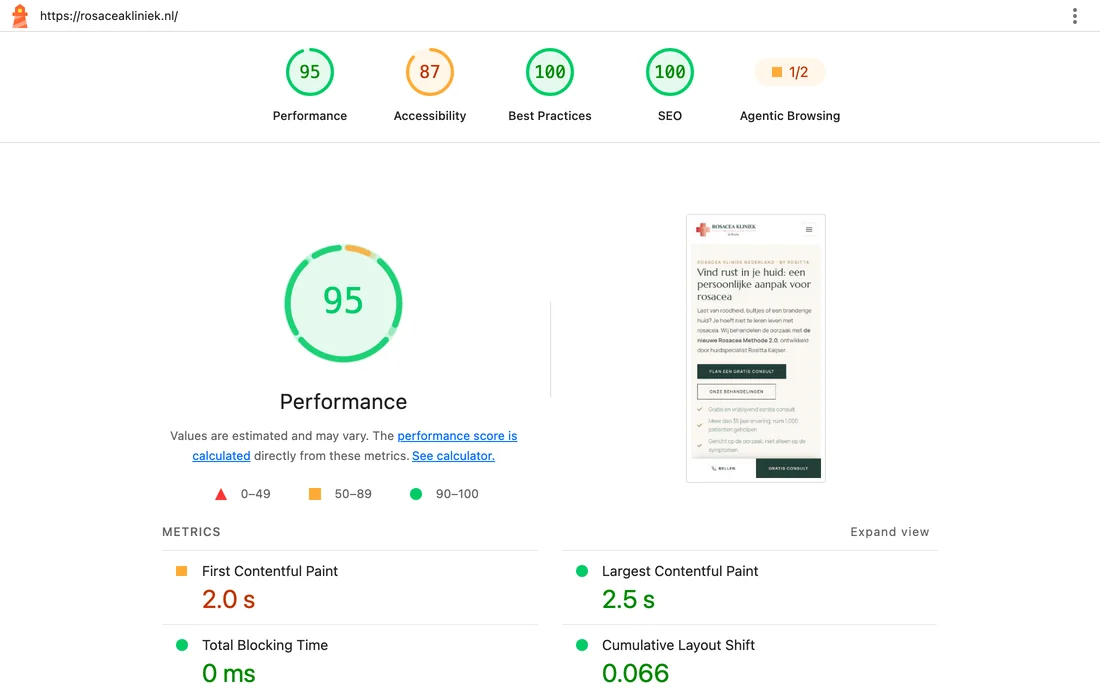 Lighthouse-rapport van rosaceakliniek.nl met een prestatiescore van 95 op mobiel