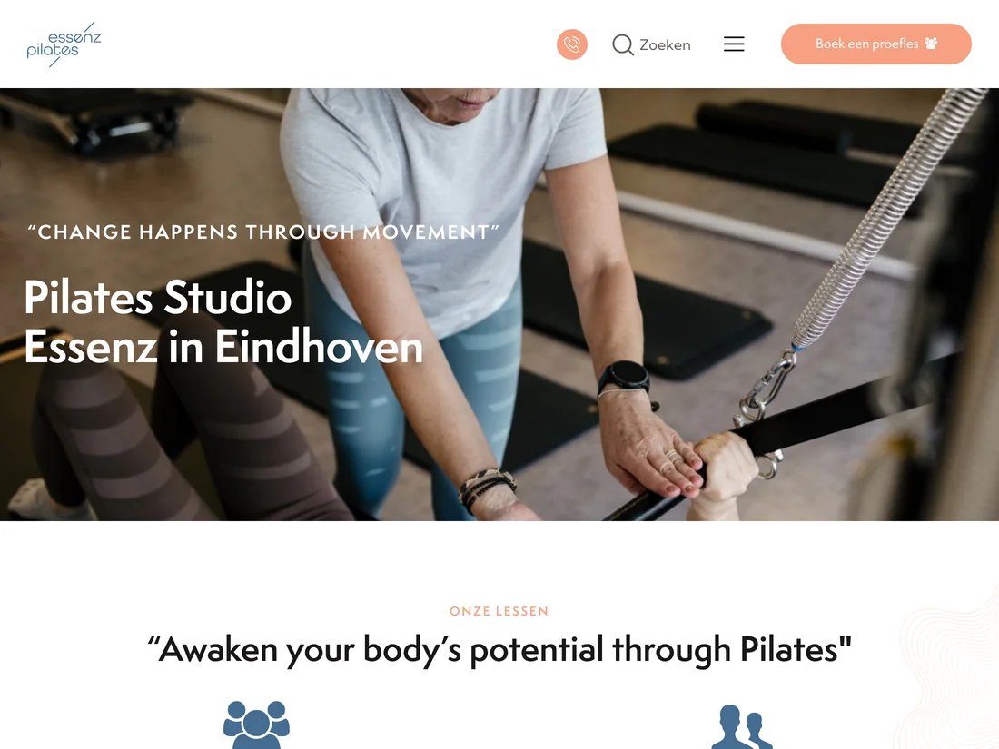 Website van essenzpilates.nl met de knop Boek een proefles, gebouwd door ViVortis