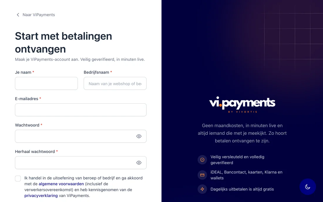 Registratiescherm van ViPayments
