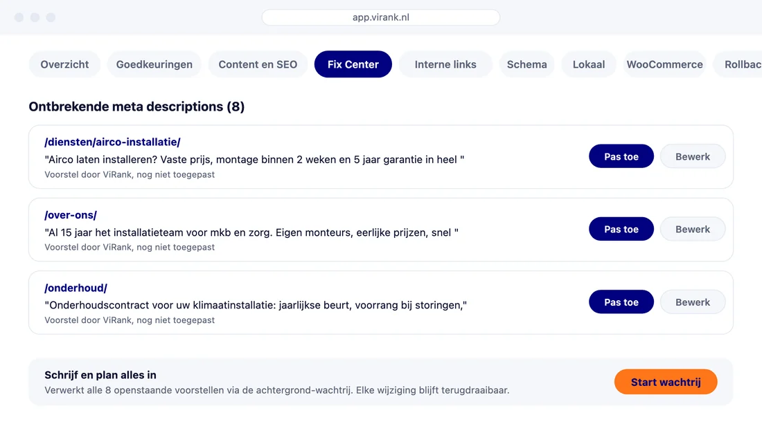 ViRank Control Center, onderdeel SEO-fixes: acht pagina's met een te verbeteren meta description en een voorstel van ViRank dat je aanpast en live toepast