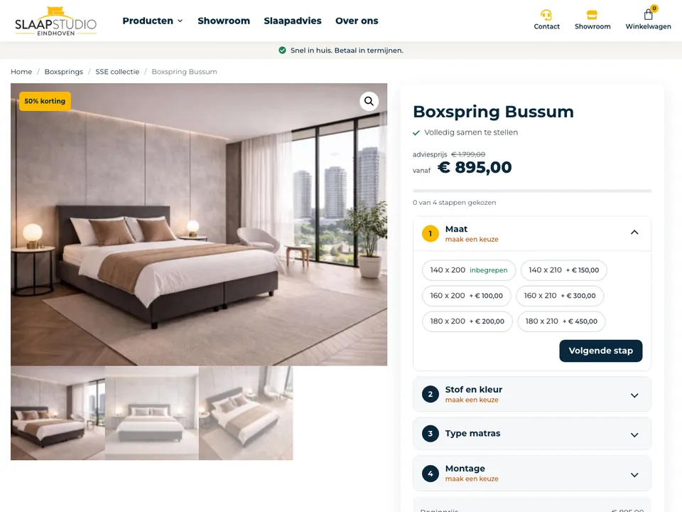 Productpagina van een boxspring op slaapstudio-eindhoven.nl met de productconfigurator en de prijs