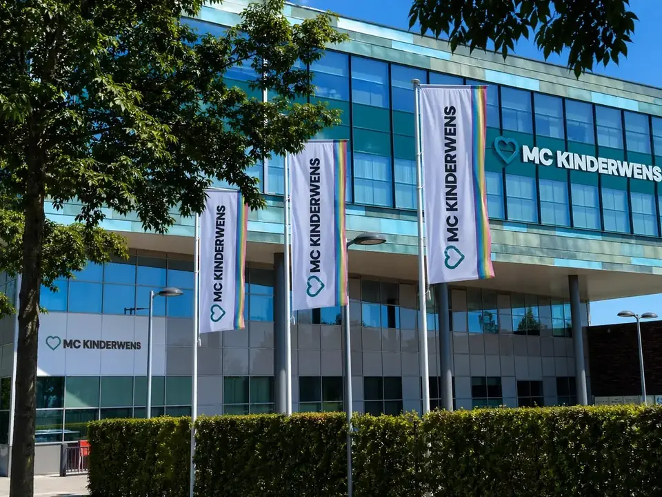 Het gebouw van fertiliteitskliniek MC Kinderwens in Leiderdorp, met de vlaggen van de kliniek