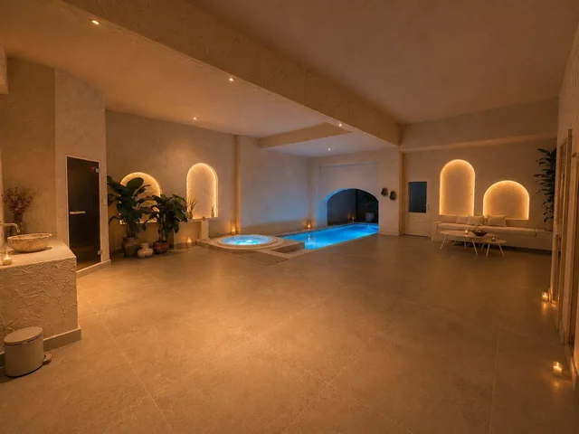 Privé spa van Spa Nova in Hoofddorp met zwembad, jacuzzi en verlichte nissen, zoals op hun vernieuwde website