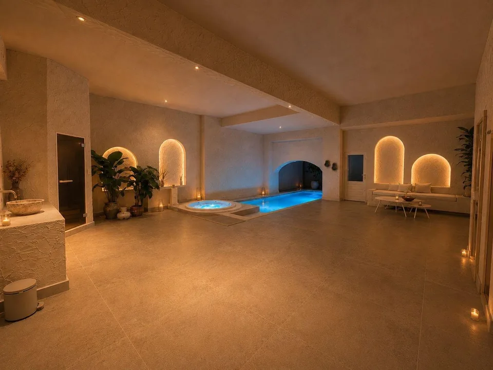 Privé spa van Spa Nova in Hoofddorp met zwembad, jacuzzi en verlichte nissen, zoals op hun vernieuwde website