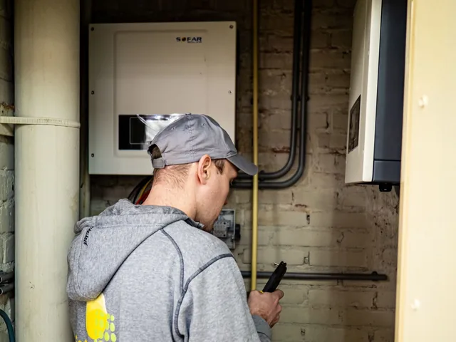 Monteur van BMS Energy installeert een thuisbatterij in een meterkast